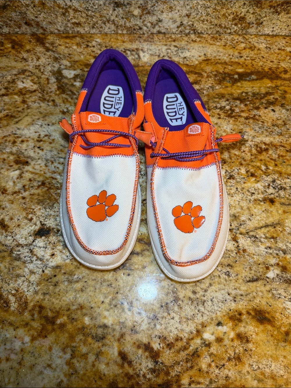 Hey Dude' Slip-On Shoes in Orange & White with Purple Trim (CLEMSON)